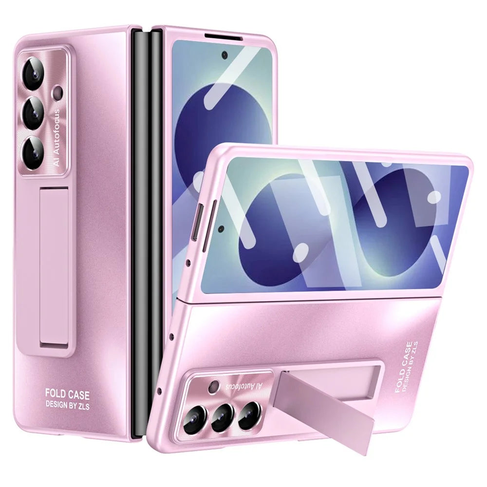 For Samsung Galaxy Z Fold8 Ultra Case Kickstand Matte PC Phone Cover with Tempered Glass Film - Pink - 1