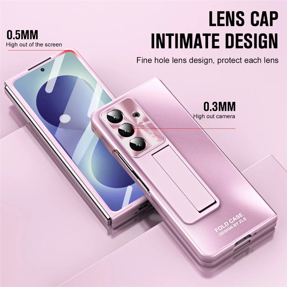 For Samsung Galaxy Z Fold8 Ultra Case Kickstand Matte PC Phone Cover with Tempered Glass Film - Pink - 6