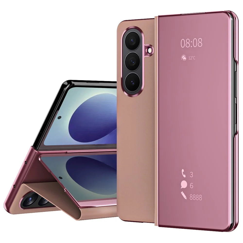 For Samsung Galaxy Z Fold8 Ultra Case Electroplating View Window Stand Leather Phone Cover - Pink - 1