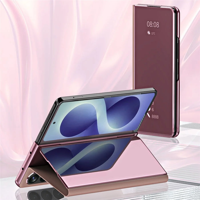 For Samsung Galaxy Z Fold8 Ultra Case Electroplating View Window Stand Leather Phone Cover - Pink - 5