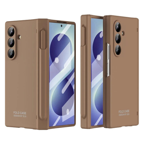 For Samsung Galaxy Z Fold8 Ultra Case Folding PC Phone Cover with Stylus / Tempered Glass Film - Brown - 1