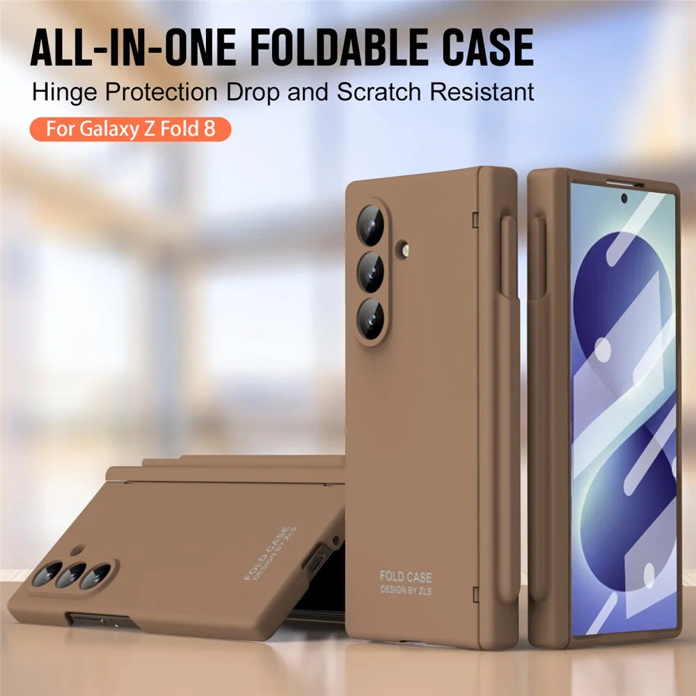 For Samsung Galaxy Z Fold8 Ultra Case Folding PC Phone Cover with Stylus / Tempered Glass Film - Brown - 4