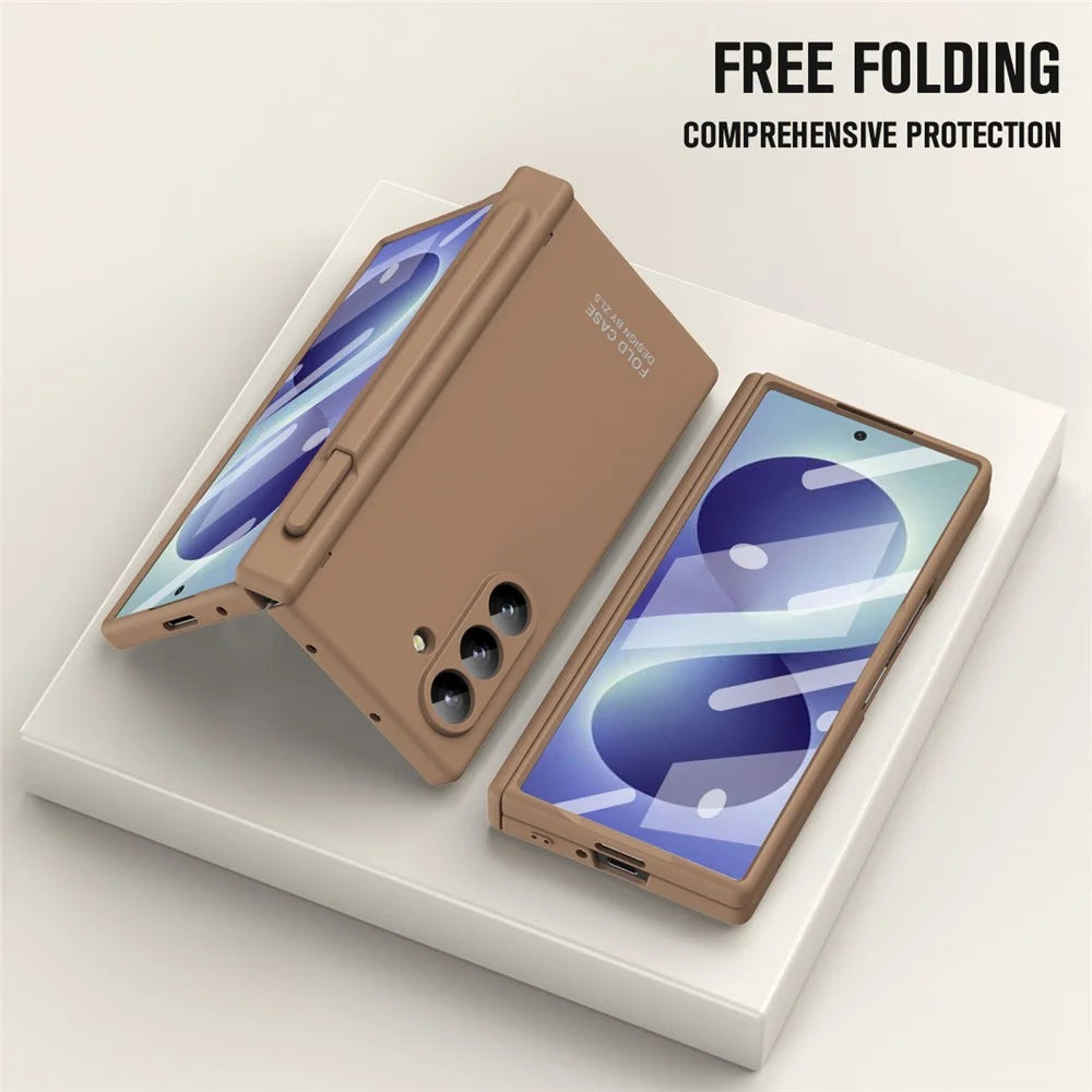 For Samsung Galaxy Z Fold8 Ultra Case Folding PC Phone Cover with Stylus / Tempered Glass Film - Brown - 6