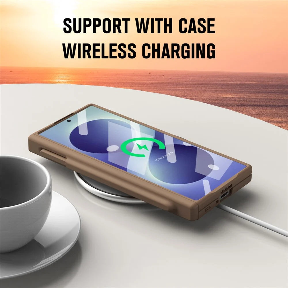 For Samsung Galaxy Z Fold8 Ultra Case Folding PC Phone Cover with Stylus / Tempered Glass Film - Brown - 7