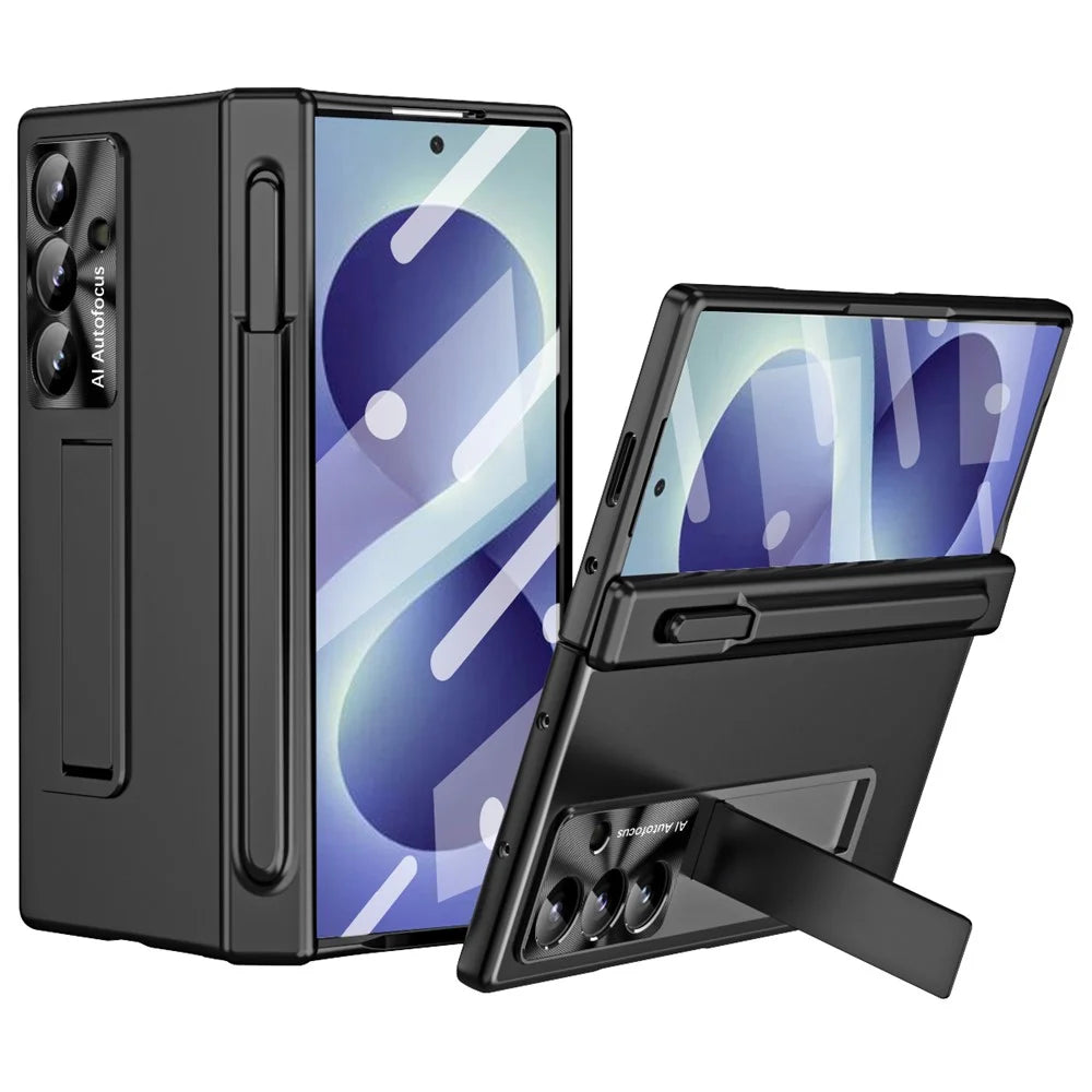 For Samsung Galaxy Z Fold8 Ultra Case Magnetic Hinge Kickstand PC Phone Cover with Stylus / Tempered Glass Film - Black - 1