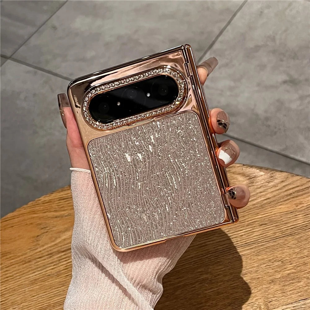 For Huawei Pura X Max Case Wave Glitter Shockproof PC Phone Protective Cover with Screen Protector - Gold - 1