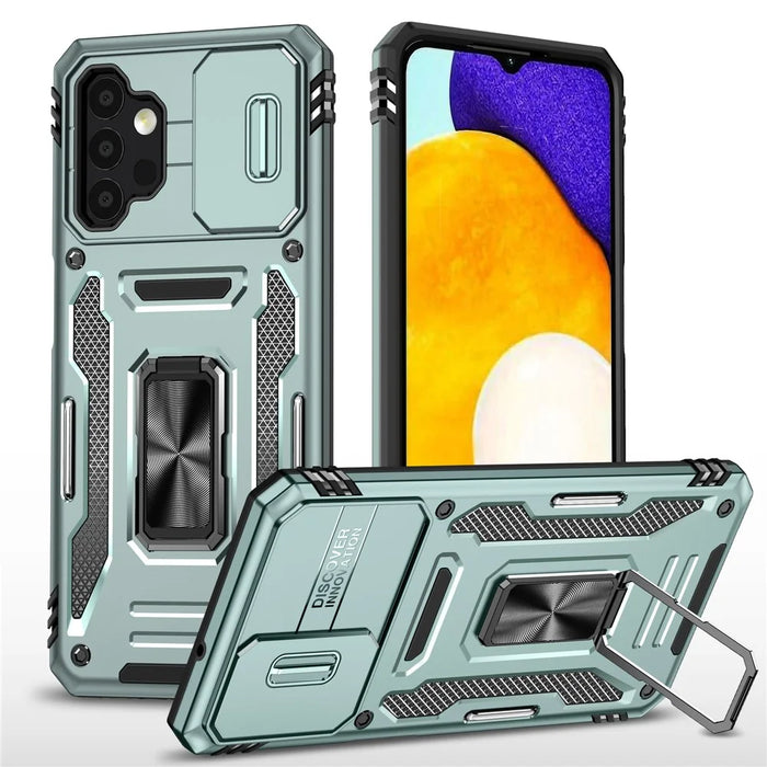 Armor Series for Samsung Galaxy A13 4G / 5G Slide Camera Protector Kickstand Phone Case PC + TPU Protective Cover - Green - 1