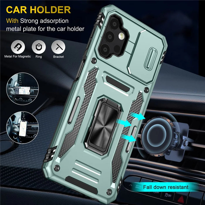 Armor Series for Samsung Galaxy A13 4G / 5G Slide Camera Protector Kickstand Phone Case PC + TPU Protective Cover - Green - 6