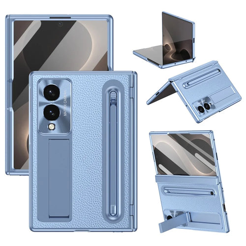 For Samsung Galaxy Z Fold8 Case Kickstand Leather PC Phone Cover with Tempered Glass Film with Stylus - Blue - 1