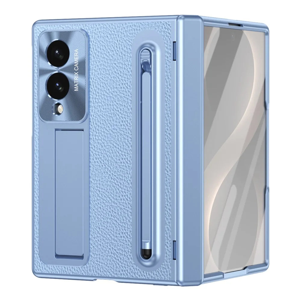 For Samsung Galaxy Z Fold8 Case Kickstand Leather PC Phone Cover with Tempered Glass Film with Stylus - Blue - 2