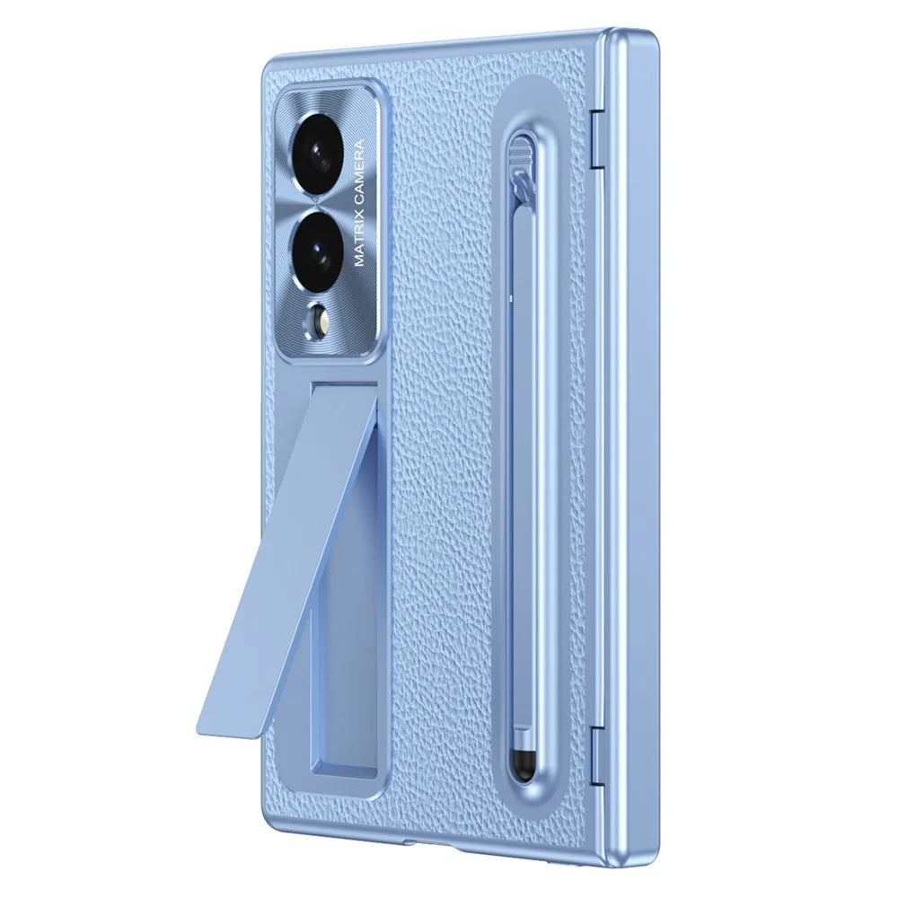 For Samsung Galaxy Z Fold8 Case Kickstand Leather PC Phone Cover with Tempered Glass Film with Stylus - Blue - 3