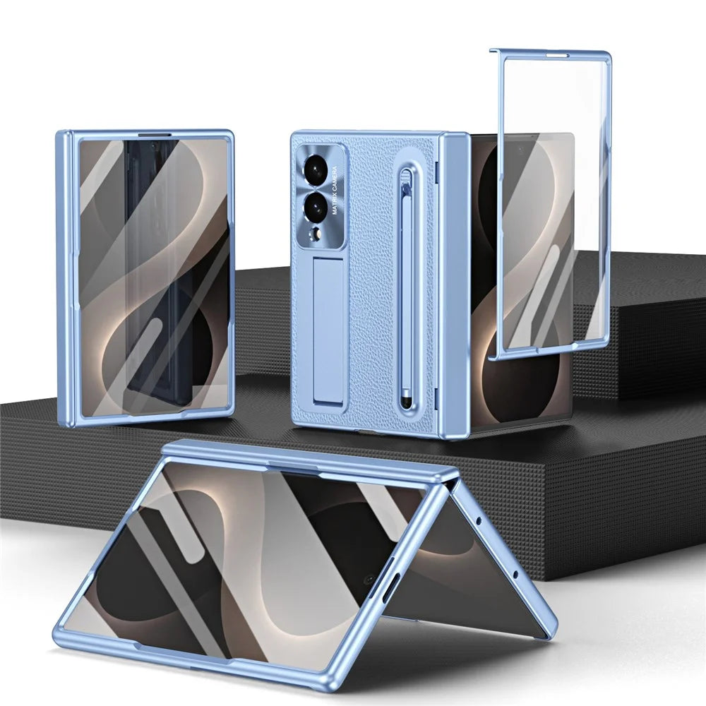 For Samsung Galaxy Z Fold8 Case Kickstand Leather PC Phone Cover with Tempered Glass Film with Stylus - Blue - 4