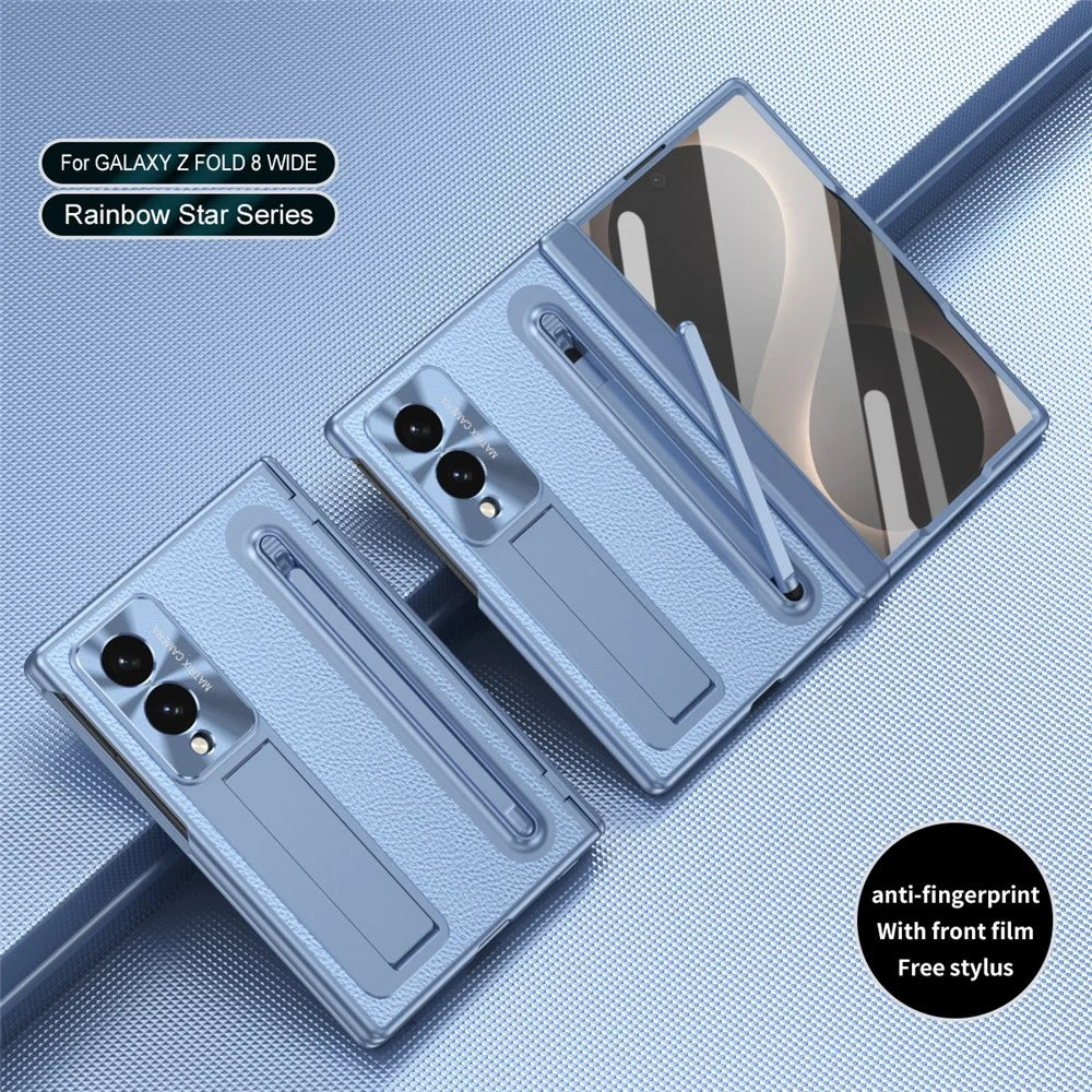 For Samsung Galaxy Z Fold8 Case Kickstand Leather PC Phone Cover with Tempered Glass Film with Stylus - Blue - 5