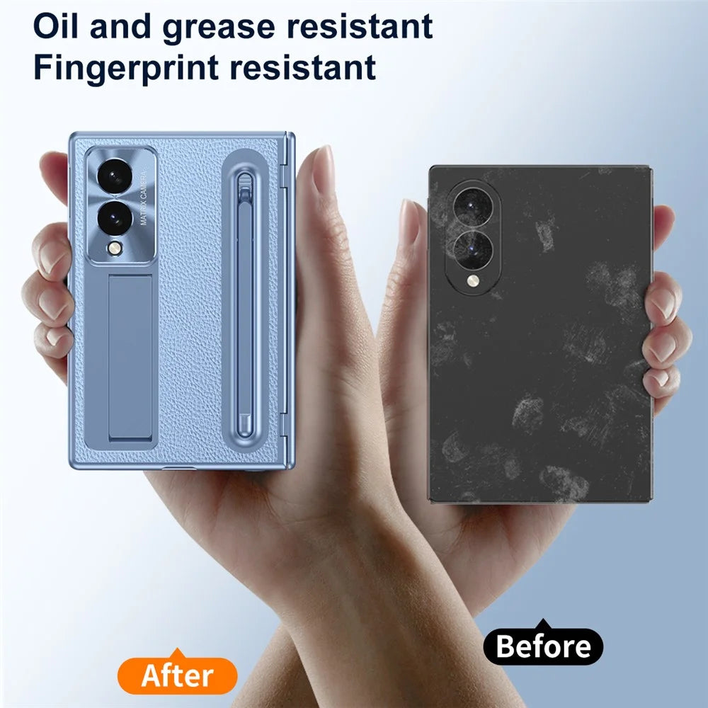 For Samsung Galaxy Z Fold8 Case Kickstand Leather PC Phone Cover with Tempered Glass Film with Stylus - Blue - 6