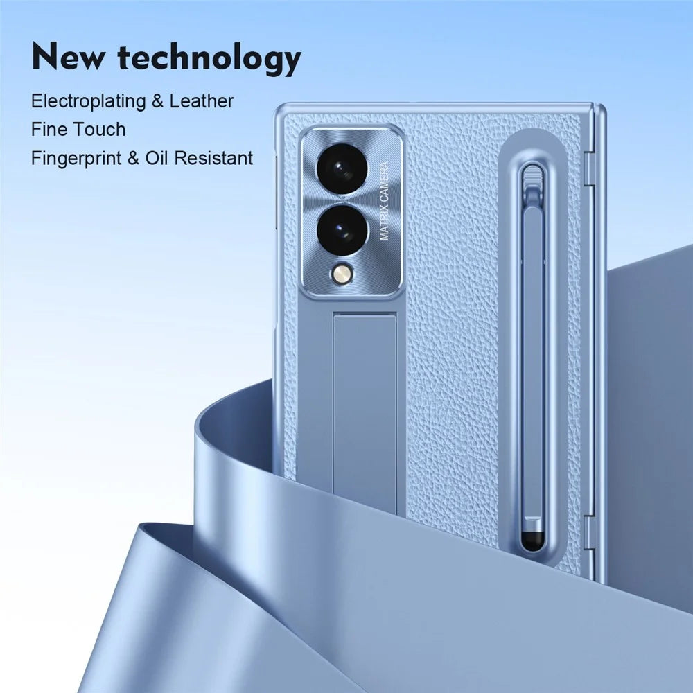 For Samsung Galaxy Z Fold8 Case Kickstand Leather PC Phone Cover with Tempered Glass Film with Stylus - Blue - 7