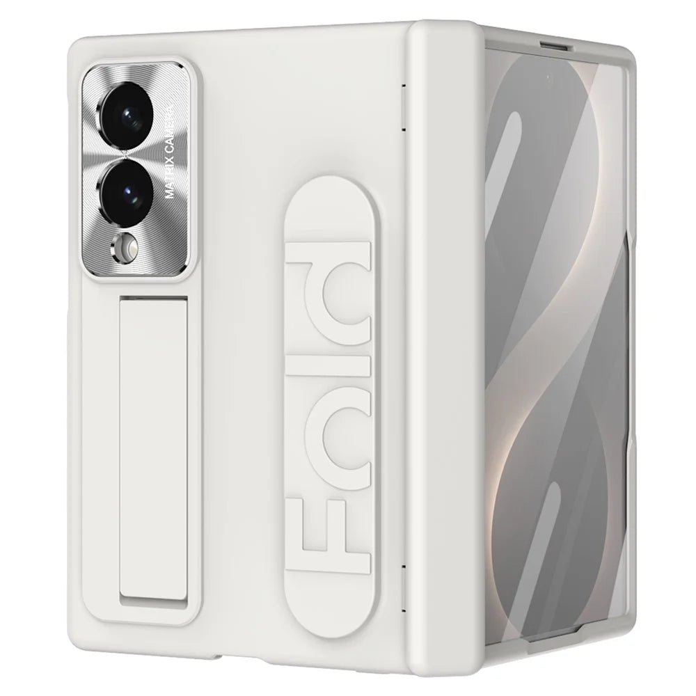 For Samsung Galaxy Z Fold8 Case Kickstand Wristband PC Phone Cover with Tempered Glass Film - White - 2