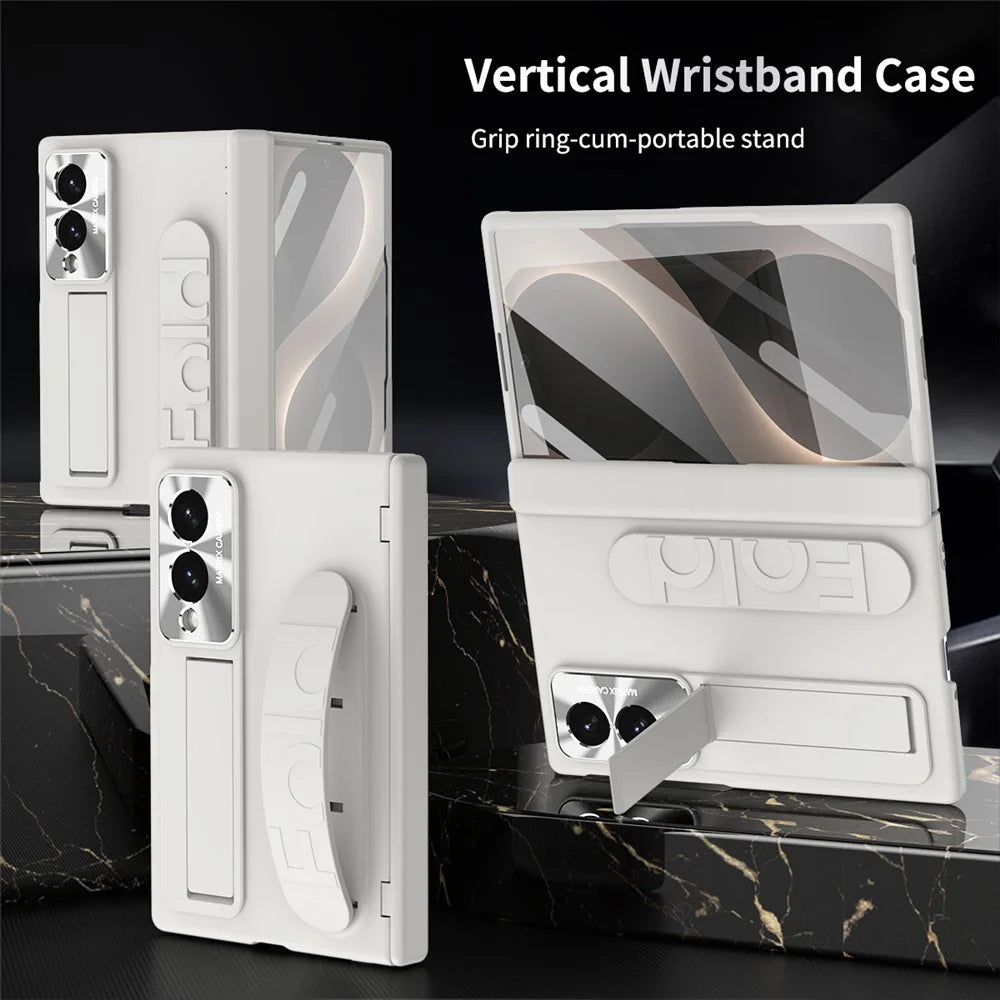 For Samsung Galaxy Z Fold8 Case Kickstand Wristband PC Phone Cover with Tempered Glass Film - White - 5
