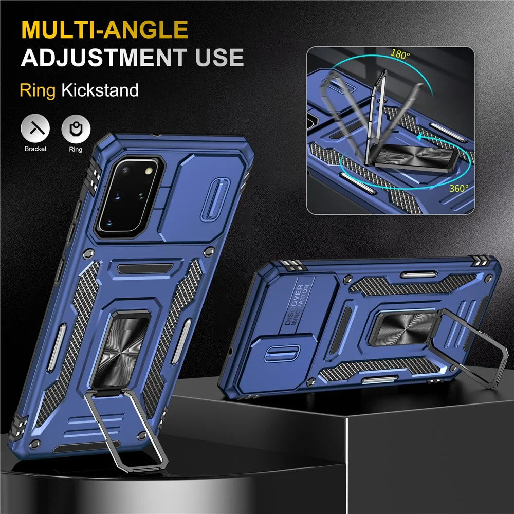 Armor Series for Samsung Galaxy S20 Plus 4G / 5G PC + TPU Anti-drop Phone Case Kickstand Back Cover with Slide Camera Protector - Navy Blue - 4