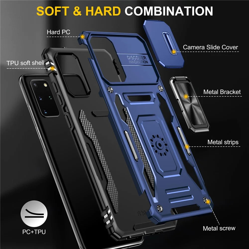 Armor Series for Samsung Galaxy S20 Plus 4G / 5G PC + TPU Anti-drop Phone Case Kickstand Back Cover with Slide Camera Protector - Navy Blue - 7