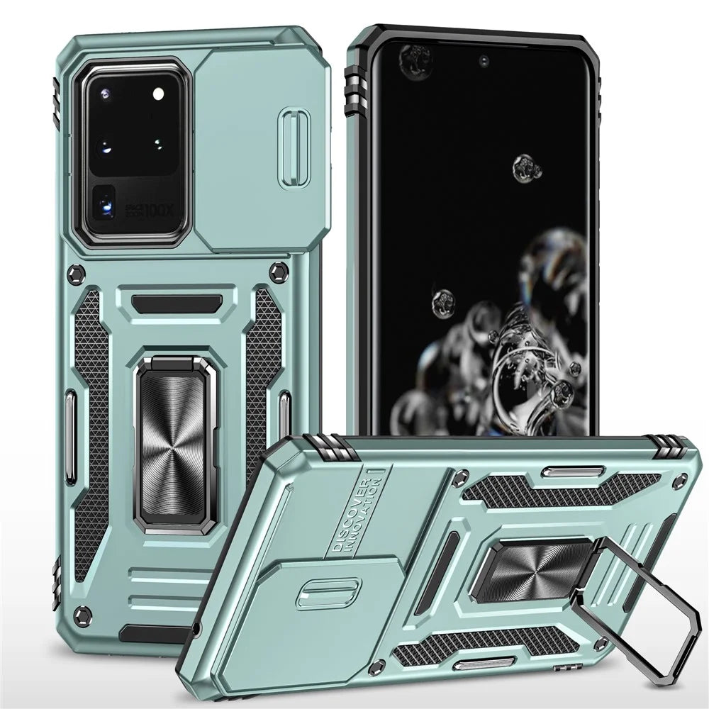 Armor Series for Samsung Galaxy S20 Ultra Kickstand PC + TPU Hybrid Cover Protective Phone Case with Slide Camera Protector - Green - 1