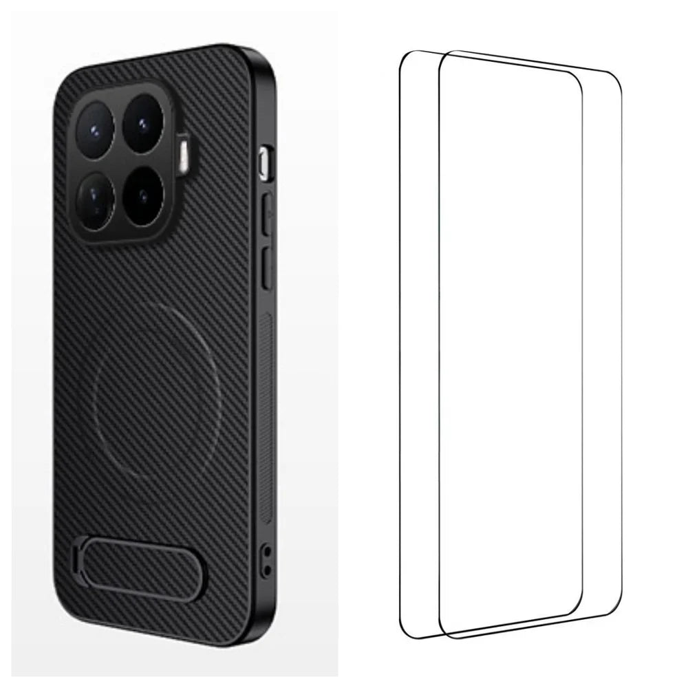 WANLONFENG for Xiaomi 17T Pro QT1 Series Magnetic Case with 2Pcs Tempered Glass Films Kickstand Carbon Fiber Texture PC TPU Phone Cover - Black - 1