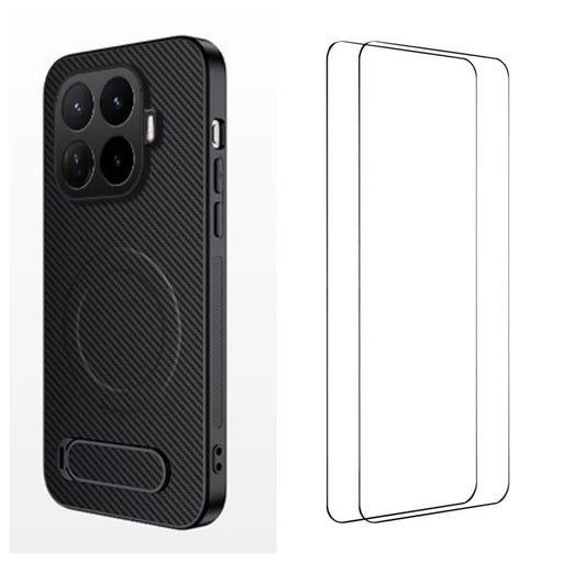WANLONFENG for Xiaomi 17T Pro QT1 Series Magnetic Case with 2Pcs Tempered Glass Films Kickstand Carbon Fiber Texture PC TPU Phone Cover - Black - 1