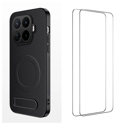 WANLONFENG for Xiaomi 17T QT1 Series Magnetic Case with 2Pcs Tempered Glass Films Kickstand Carbon Fiber Texture PC TPU Phone Cover - Black - 1