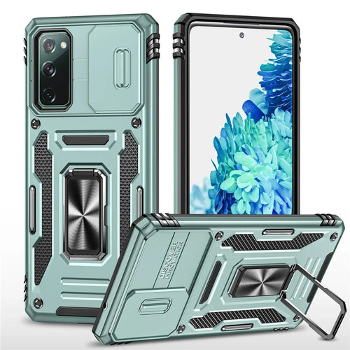 Armor Series for Samsung Galaxy S20 FE 4G / 5G / S20 FE 2022 / S20 Lite Kickstand Design Shockproof Phone Case PC + TPU Protective Back Cover with Slide Camera Cover - Green - 1