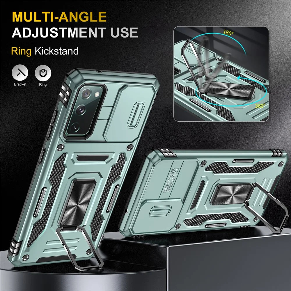 Armor Series for Samsung Galaxy S20 FE 4G / 5G / S20 FE 2022 / S20 Lite Kickstand Design Shockproof Phone Case PC + TPU Protective Back Cover with Slide Camera Cover - Green - 4