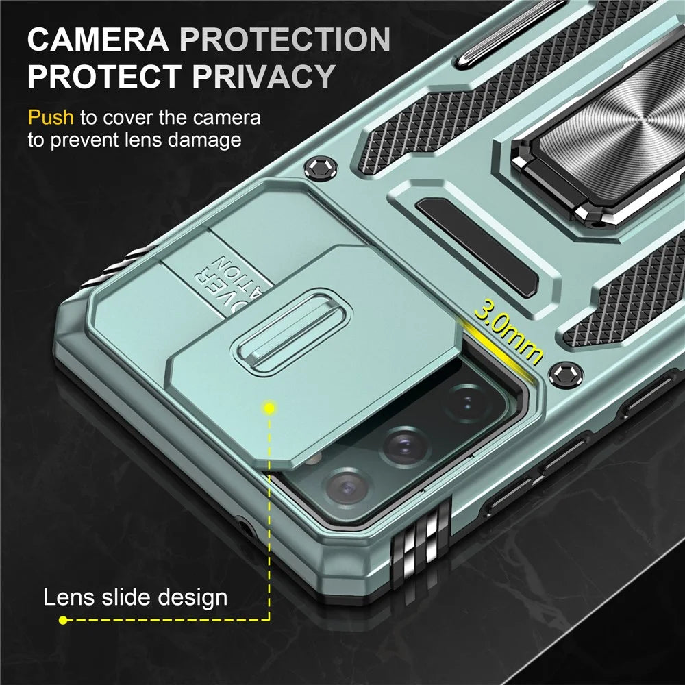 Armor Series for Samsung Galaxy S20 FE 4G / 5G / S20 FE 2022 / S20 Lite Kickstand Design Shockproof Phone Case PC + TPU Protective Back Cover with Slide Camera Cover - Green - 5