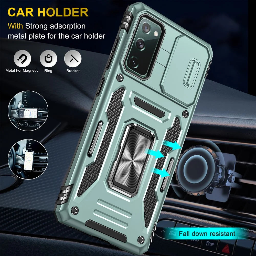 Armor Series for Samsung Galaxy S20 FE 4G / 5G / S20 FE 2022 / S20 Lite Kickstand Design Shockproof Phone Case PC + TPU Protective Back Cover with Slide Camera Cover - Green - 6