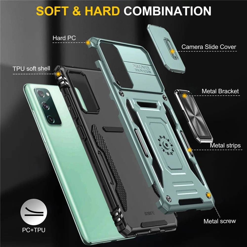 Armor Series for Samsung Galaxy S20 FE 4G / 5G / S20 FE 2022 / S20 Lite Kickstand Design Shockproof Phone Case PC + TPU Protective Back Cover with Slide Camera Cover - Green - 7
