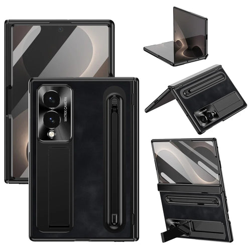 For Samsung Galaxy Z Fold8 Case Pen Slot Leather + PC Kickstand Phone Cover with Tempered Glass Film, Stylus - Black - 1