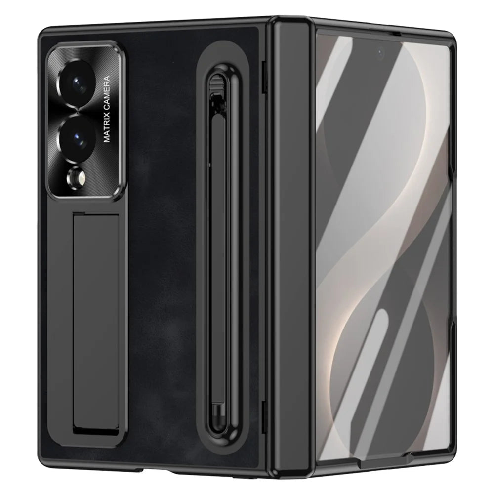 For Samsung Galaxy Z Fold8 Case Pen Slot Leather + PC Kickstand Phone Cover with Tempered Glass Film, Stylus - Black - 2