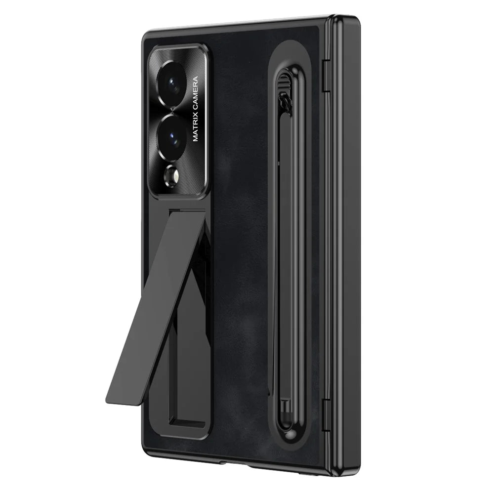For Samsung Galaxy Z Fold8 Case Pen Slot Leather + PC Kickstand Phone Cover with Tempered Glass Film, Stylus - Black - 3