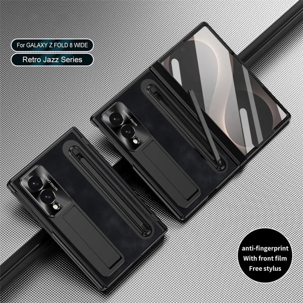 For Samsung Galaxy Z Fold8 Case Pen Slot Leather + PC Kickstand Phone Cover with Tempered Glass Film, Stylus - Black - 4