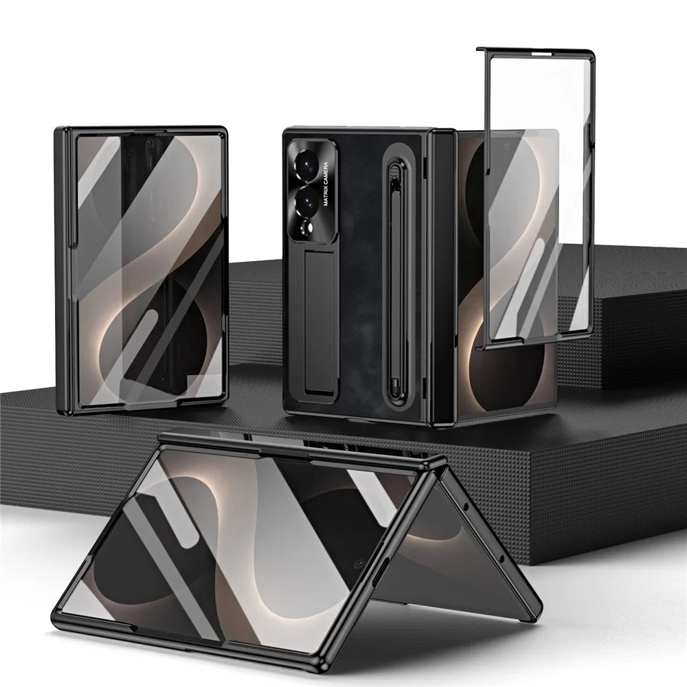 For Samsung Galaxy Z Fold8 Case Pen Slot Leather + PC Kickstand Phone Cover with Tempered Glass Film, Stylus - Black - 5
