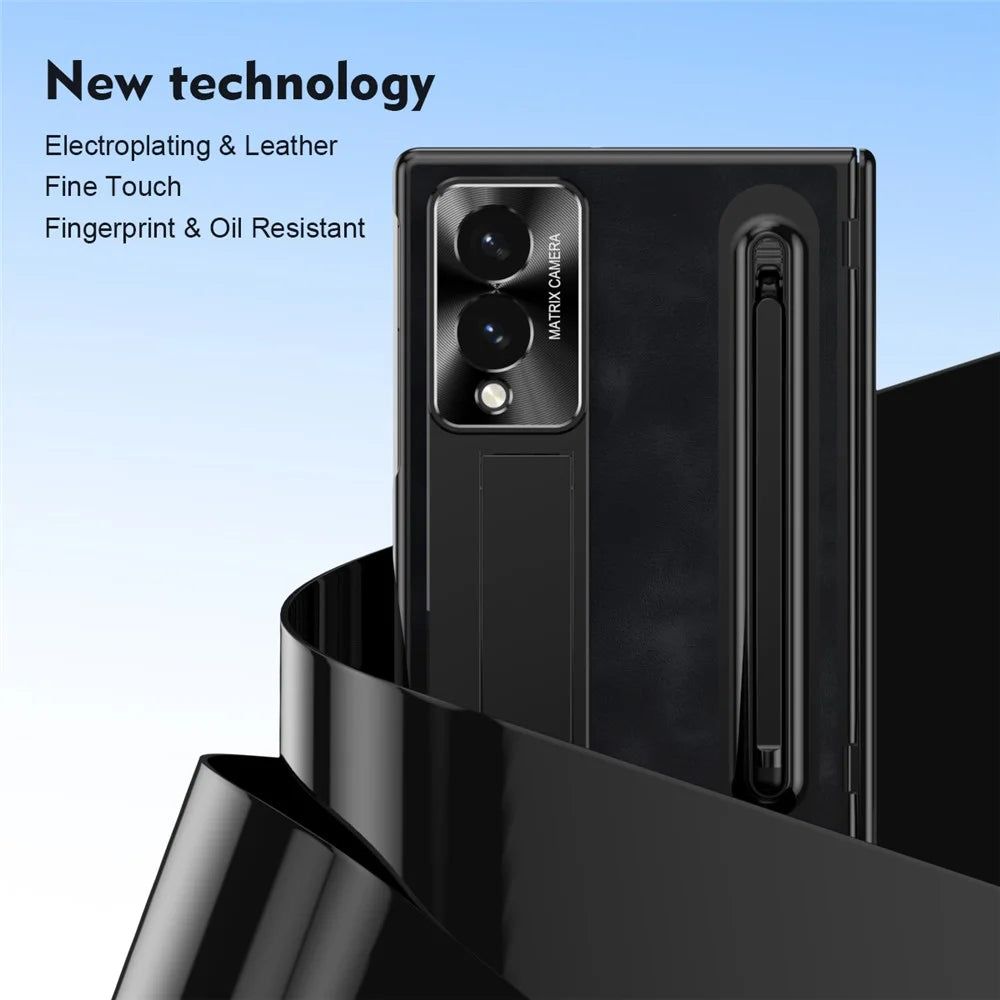 For Samsung Galaxy Z Fold8 Case Pen Slot Leather + PC Kickstand Phone Cover with Tempered Glass Film, Stylus - Black - 6