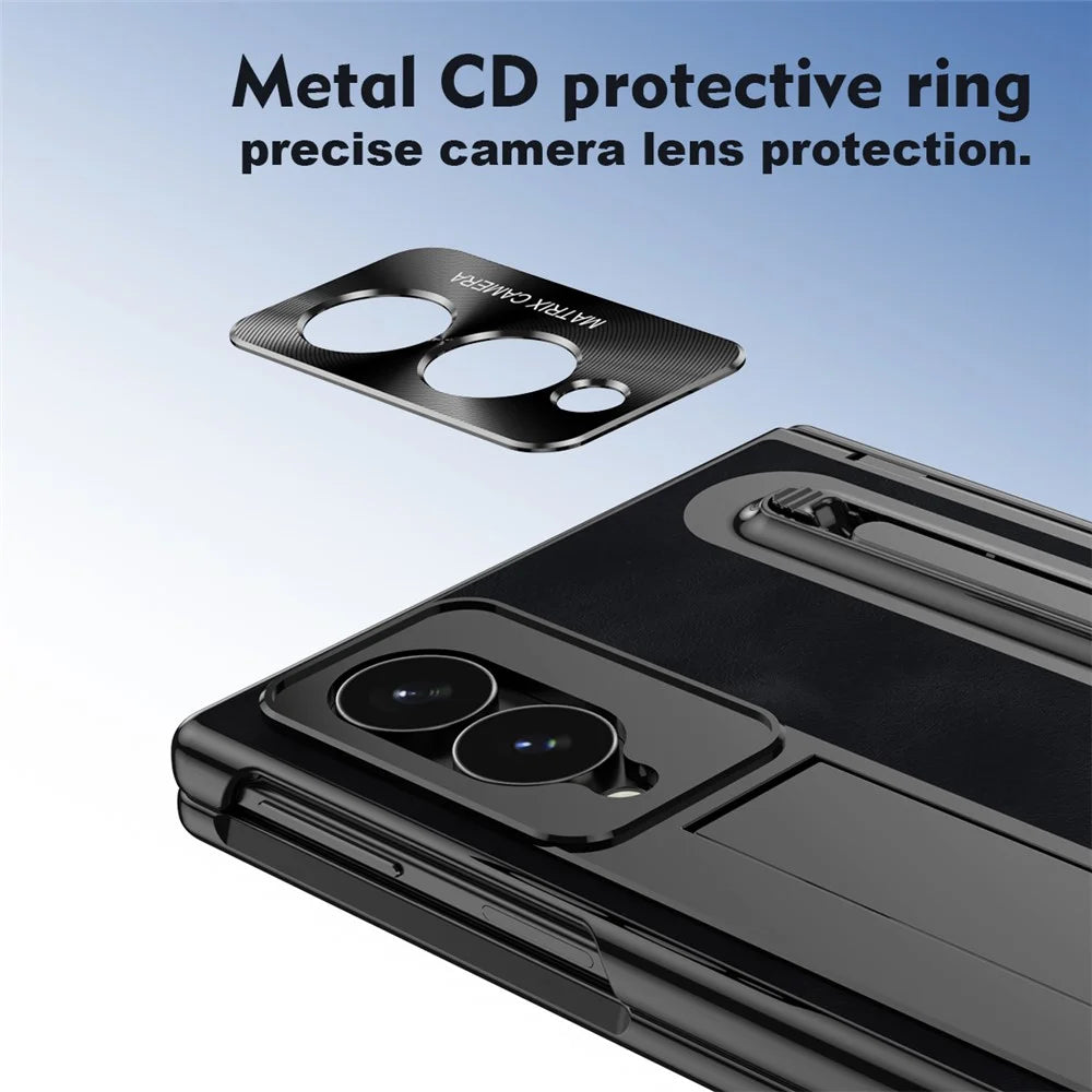 For Samsung Galaxy Z Fold8 Case Pen Slot Leather + PC Kickstand Phone Cover with Tempered Glass Film, Stylus - Black - 7