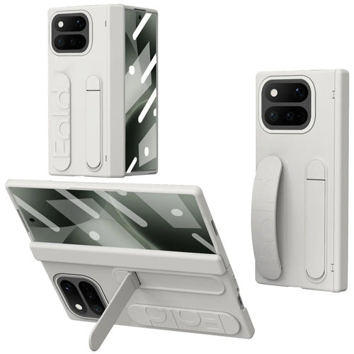For Google Pixel 11 Pro Fold Case Kickstand Wristband PC Phone Cover with Tempered Glass Film - White - 1