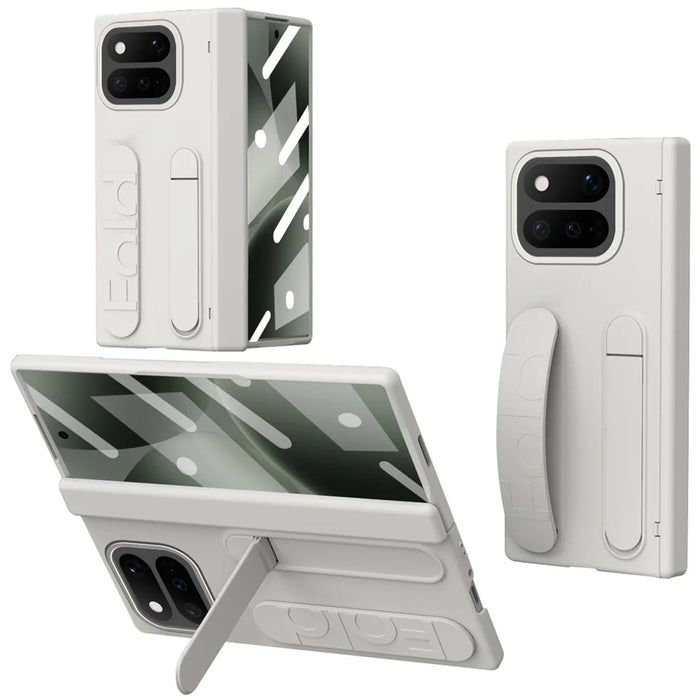For Google Pixel 11 Pro Fold Case Kickstand Wristband PC Phone Cover with Tempered Glass Film - White - 1
