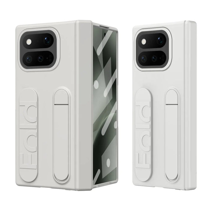 For Google Pixel 11 Pro Fold Case Kickstand Wristband PC Phone Cover with Tempered Glass Film - White - 2