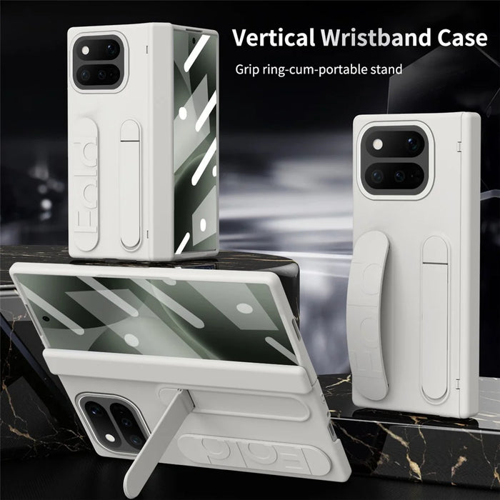 For Google Pixel 11 Pro Fold Case Kickstand Wristband PC Phone Cover with Tempered Glass Film - White - 4