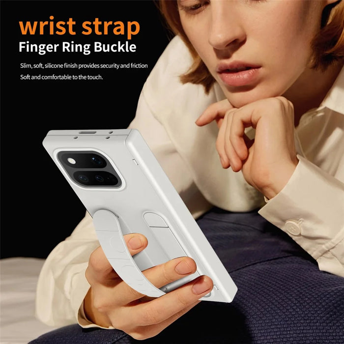 For Google Pixel 11 Pro Fold Case Kickstand Wristband PC Phone Cover with Tempered Glass Film - White - 6