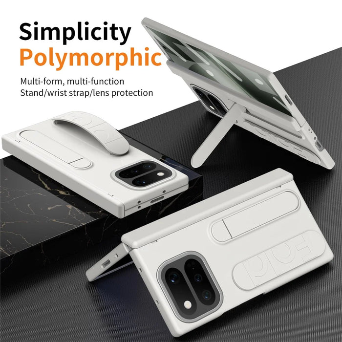 For Google Pixel 11 Pro Fold Case Kickstand Wristband PC Phone Cover with Tempered Glass Film - White - 7