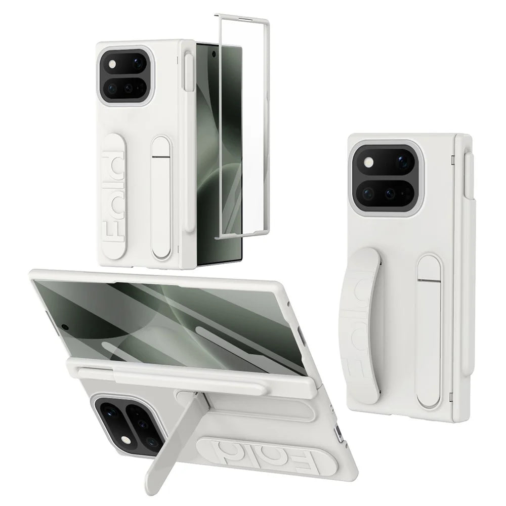 For Google Pixel 11 Pro Fold Case Kickstand Wristband Hard PC Phone Cover with Tempered Glass  /  Stylus - White - 1