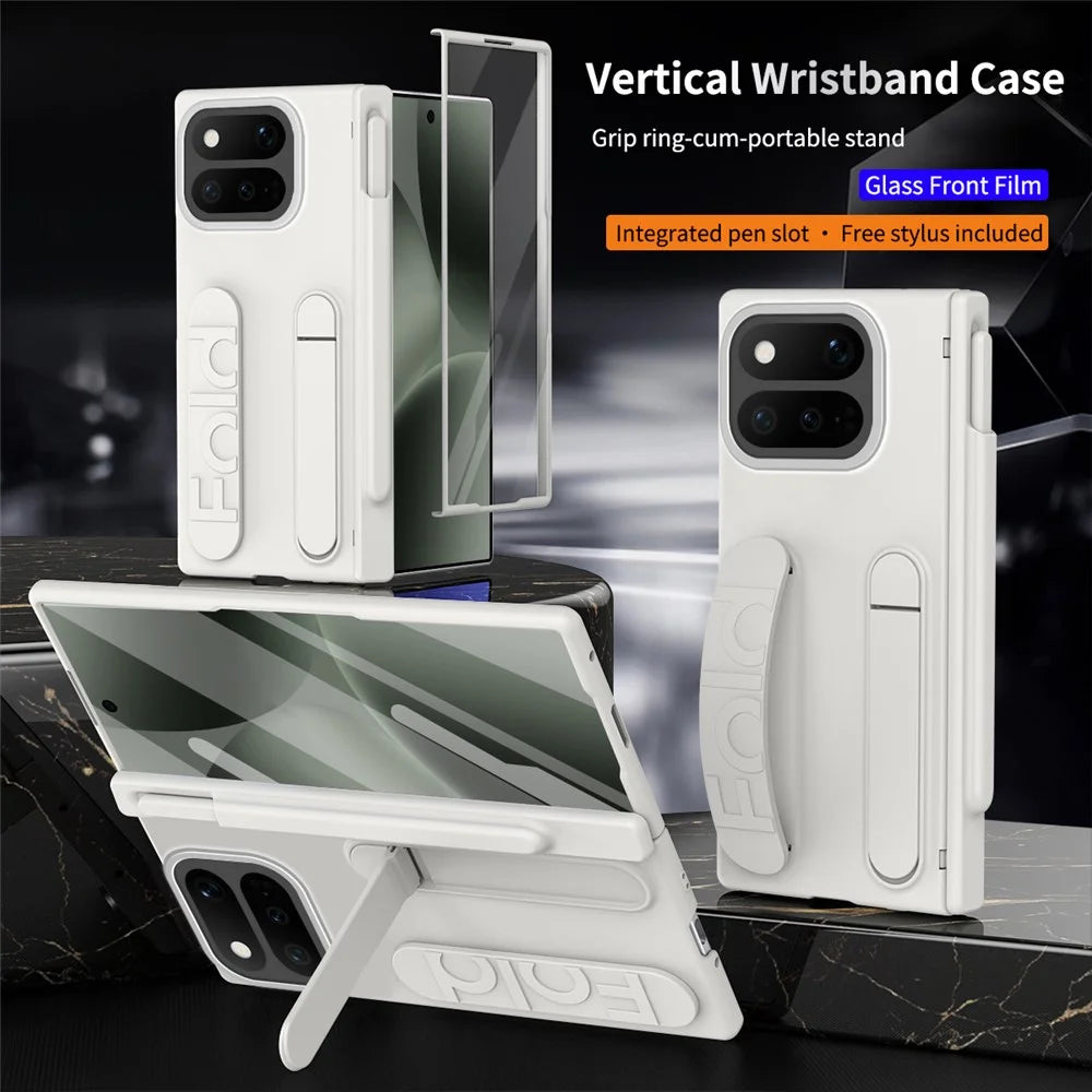 For Google Pixel 11 Pro Fold Case Kickstand Wristband Hard PC Phone Cover with Tempered Glass  /  Stylus - White - 4