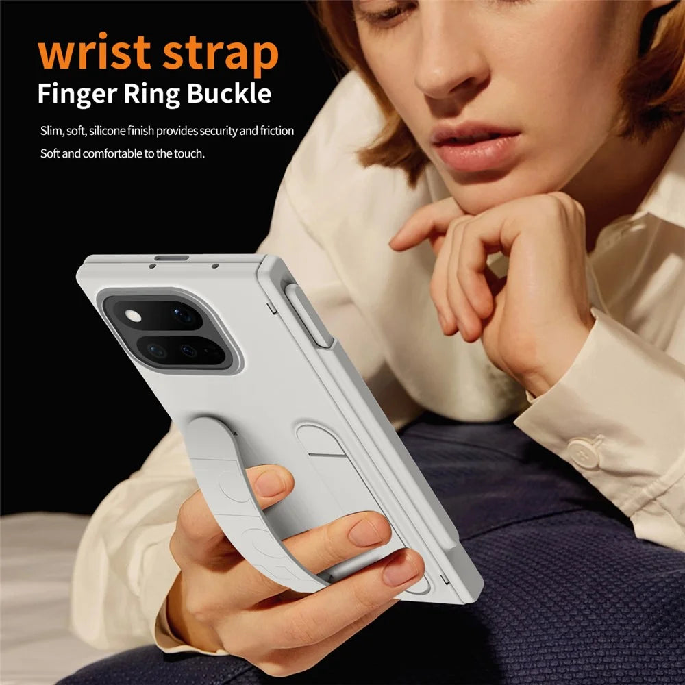 For Google Pixel 11 Pro Fold Case Kickstand Wristband Hard PC Phone Cover with Tempered Glass  /  Stylus - White - 7