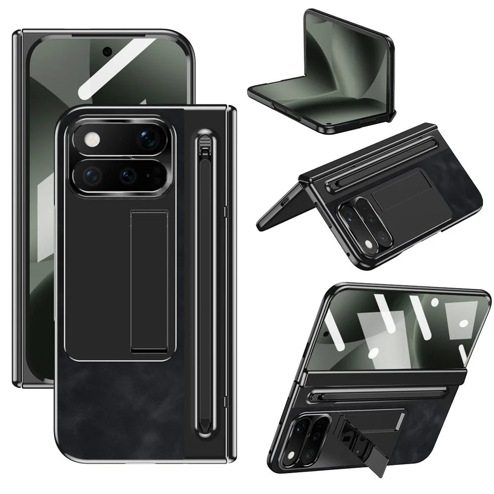 For Google Pixel 11 Pro Fold Case Pen Slot Leather + PC Kickstand Phone Cover with Tempered Glass Film, Stylus - Black - 1