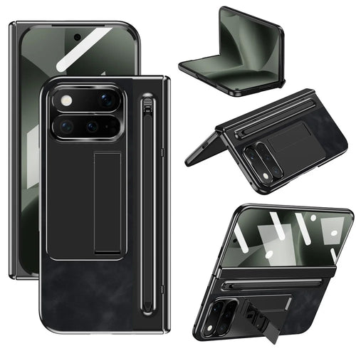 For Google Pixel 11 Pro Fold Case Pen Slot Leather + PC Kickstand Phone Cover with Tempered Glass Film, Stylus - Black - 1